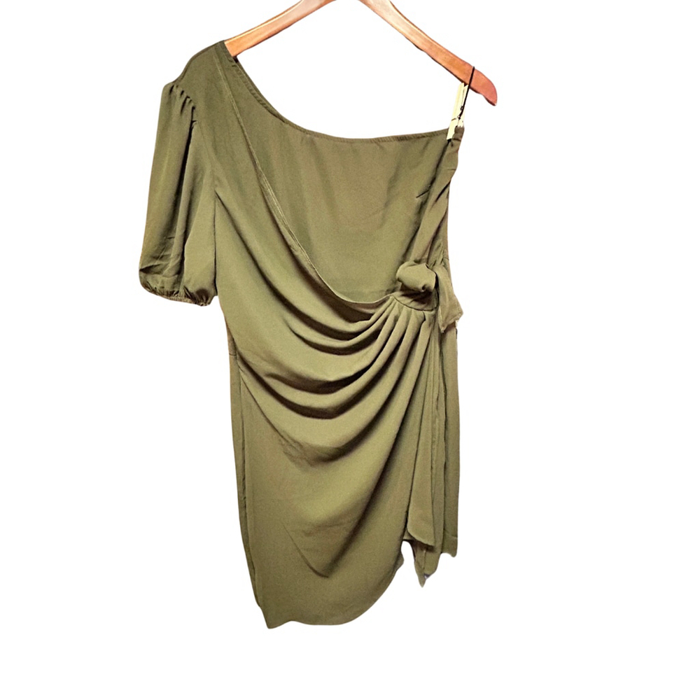 Kirundo Olive Green Off Shoulder Asymmetrical Mini Dress Large - Picture 2 of 9